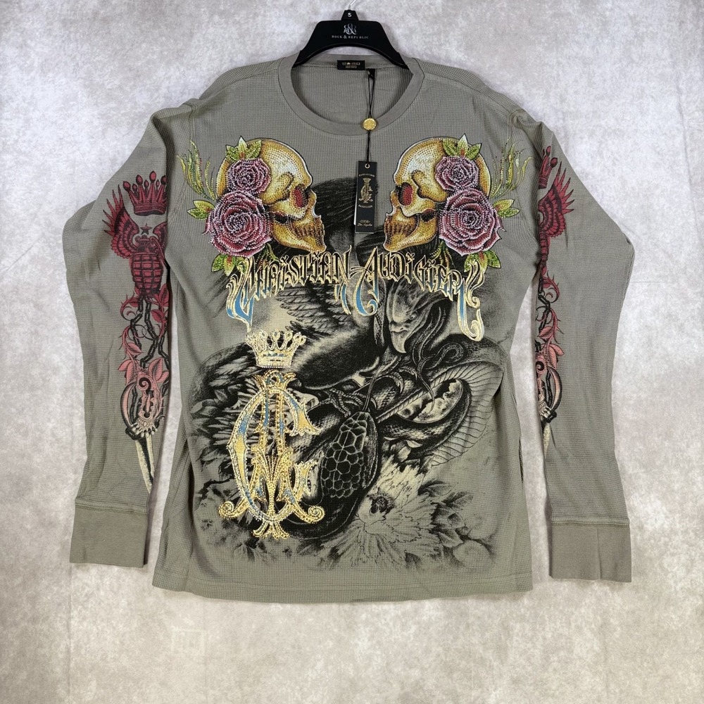 Christian Audigier Thermal Shirt Men Large Gray Snake‎ Eagle Skulls Battle Y2K